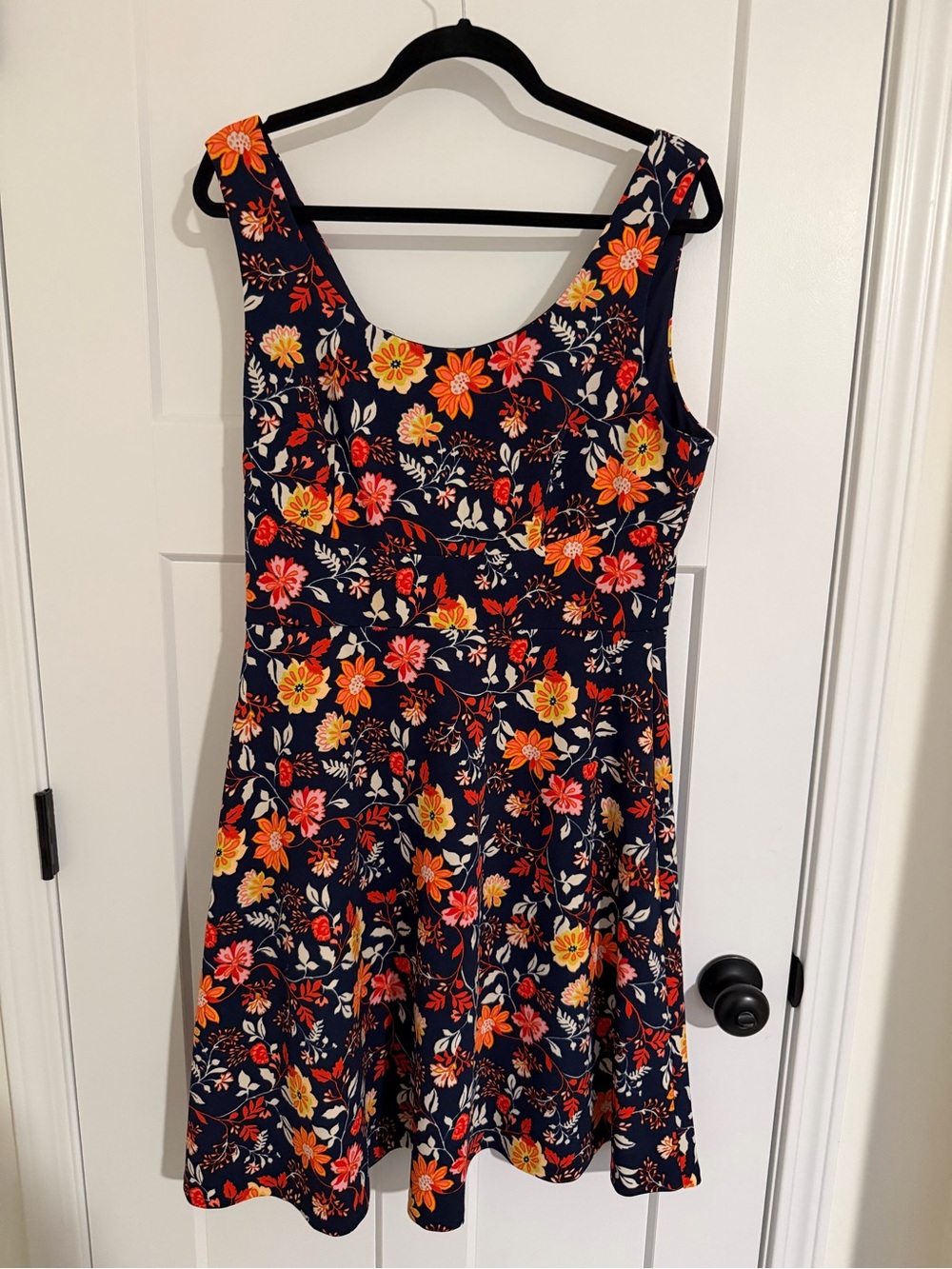 SD Collection Navy Floral Midi Dress with Orange, Yellow & Pink Blooms
